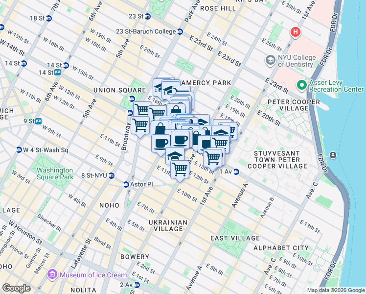 map of restaurants, bars, coffee shops, grocery stores, and more near 230 East 14th Street in New York