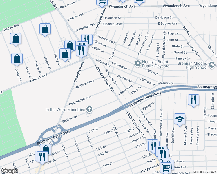 map of restaurants, bars, coffee shops, grocery stores, and more near 601 Commander Avenue in West Babylon