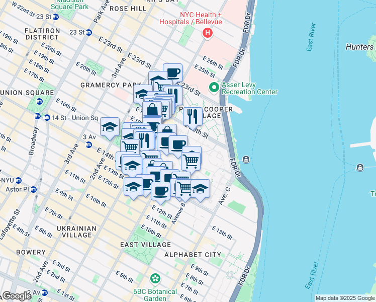 map of restaurants, bars, coffee shops, grocery stores, and more near 19 Stuyvesant Oval in New York