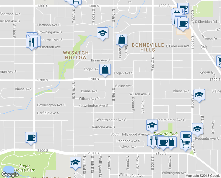 map of restaurants, bars, coffee shops, grocery stores, and more near 1744 S 19th E in Salt Lake City
