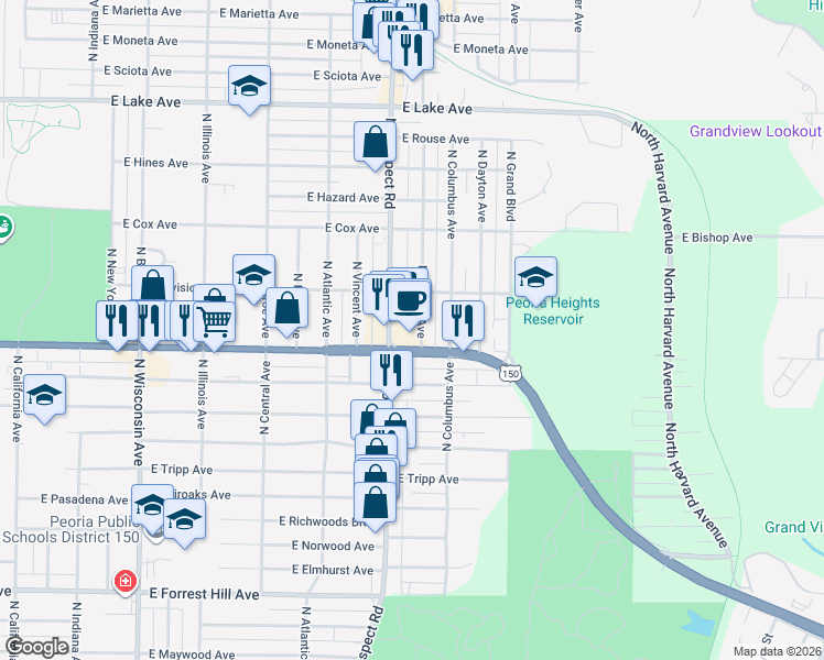 map of restaurants, bars, coffee shops, grocery stores, and more near 3714 North Prospect Road in Peoria