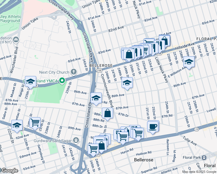 map of restaurants, bars, coffee shops, grocery stores, and more near 85-11 Commonwealth Boulevard in Queens