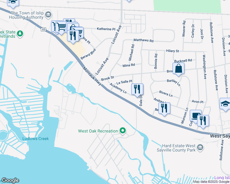 map of restaurants, bars, coffee shops, grocery stores, and more near 685 Montauk Highway in Oakdale