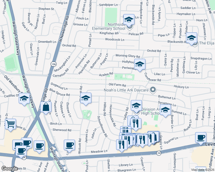 map of restaurants, bars, coffee shops, grocery stores, and more near 108 Old Farm Road in Levittown