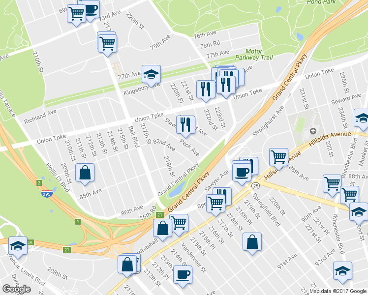 map of restaurants, bars, coffee shops, grocery stores, and more near 219-20 Peck Avenue in Queens