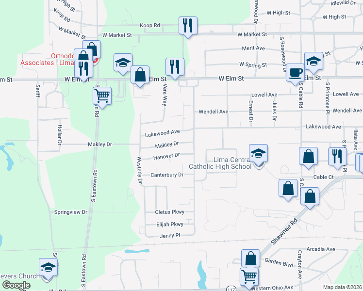 map of restaurants, bars, coffee shops, grocery stores, and more near 2917 Makley Drive in Lima