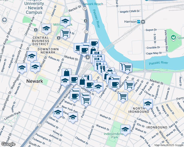 map of restaurants, bars, coffee shops, grocery stores, and more near 8 Bruen Street in Newark