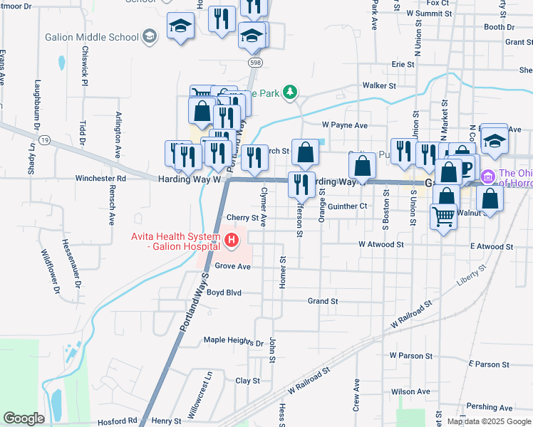 map of restaurants, bars, coffee shops, grocery stores, and more near 660 Cherry Street in Galion