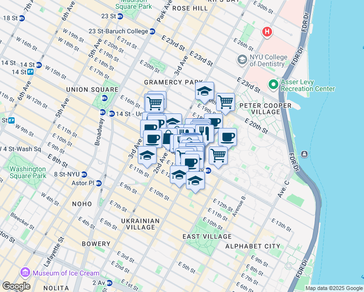 map of restaurants, bars, coffee shops, grocery stores, and more near 318 East 15th Street in New York