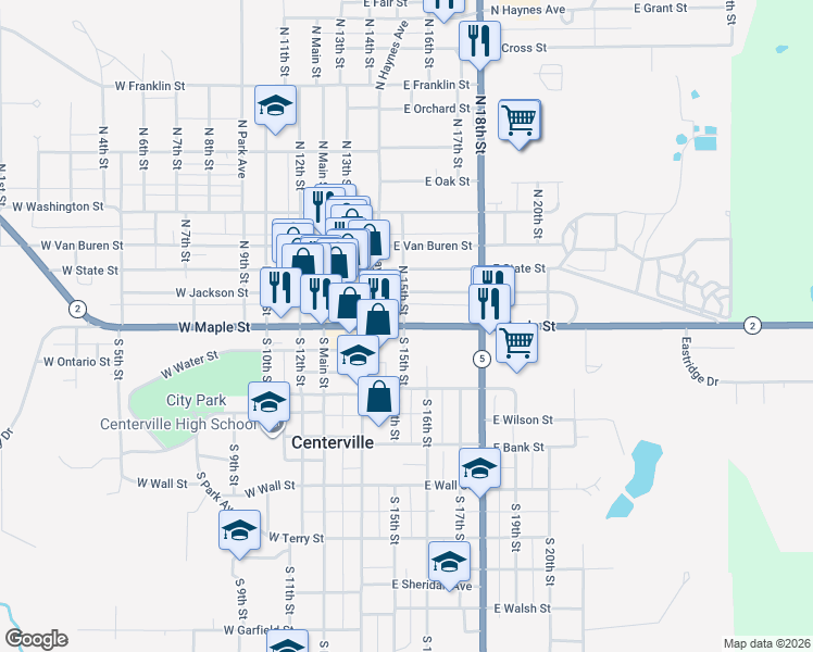 map of restaurants, bars, coffee shops, grocery stores, and more near 400 E Maple St in Centerville