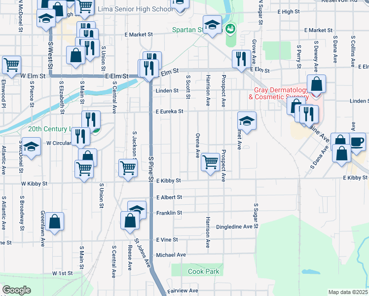 map of restaurants, bars, coffee shops, grocery stores, and more near 604 South Scott Street in Lima