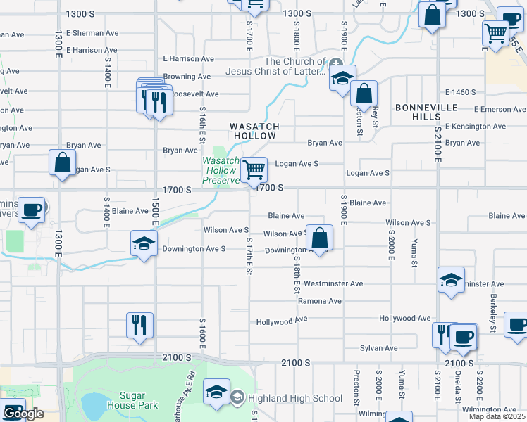 map of restaurants, bars, coffee shops, grocery stores, and more near 1725 Blaine Avenue in Salt Lake City