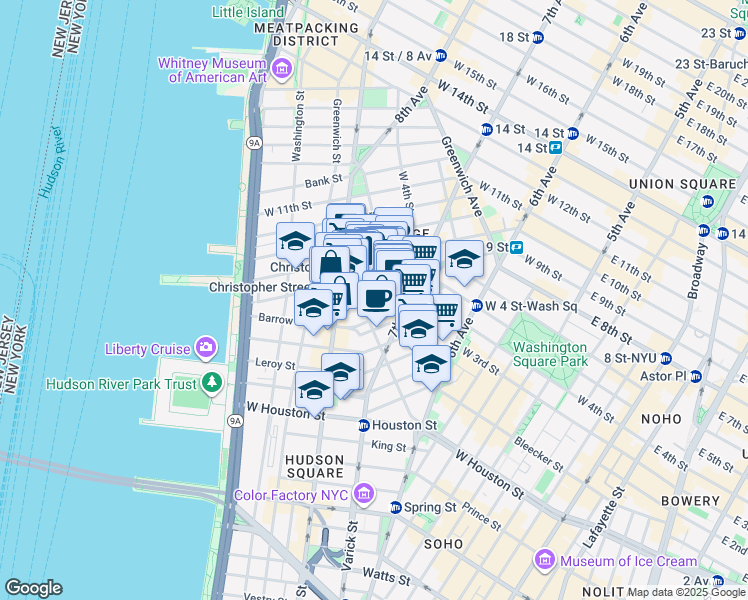 map of restaurants, bars, coffee shops, grocery stores, and more near 110 Christopher Street in New York