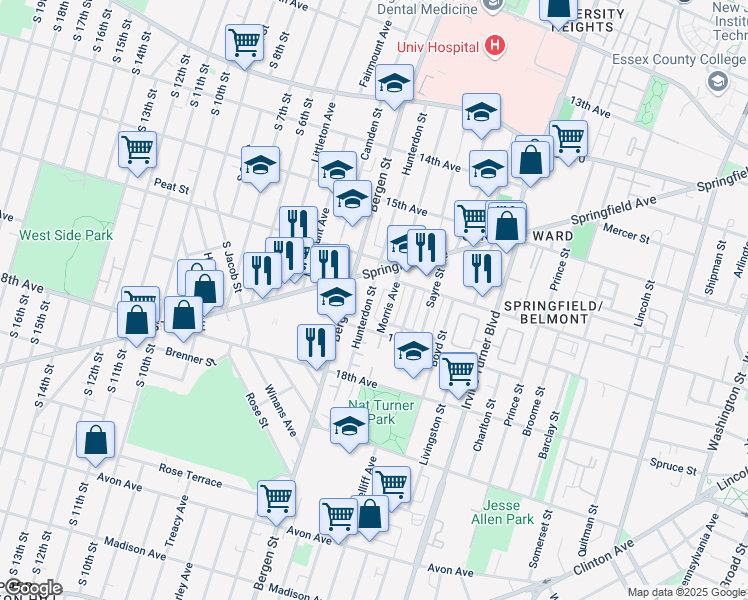 map of restaurants, bars, coffee shops, grocery stores, and more near 338 Hunterdon Street in Newark
