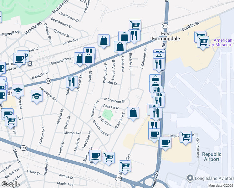 map of restaurants, bars, coffee shops, grocery stores, and more near 56 Cedar Avenue in Farmingdale