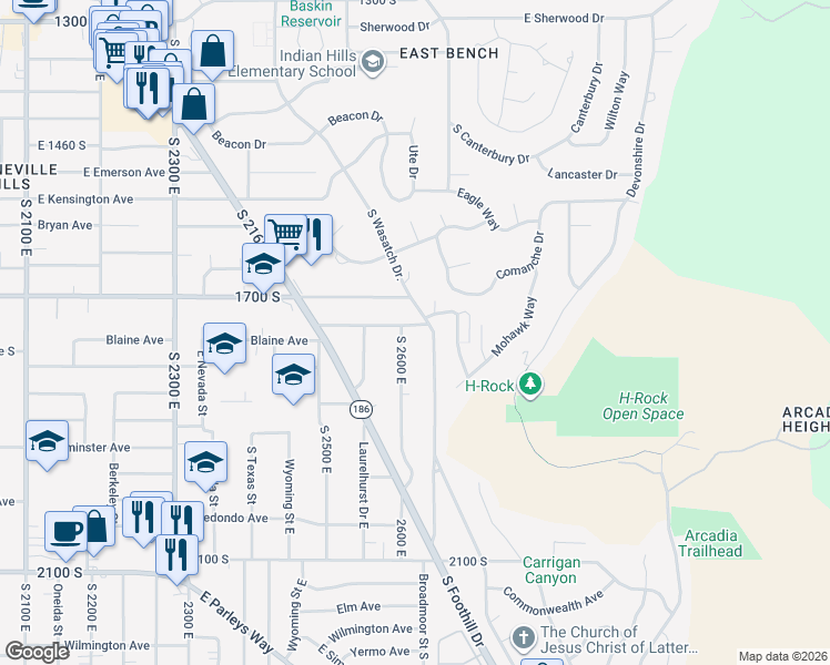 map of restaurants, bars, coffee shops, grocery stores, and more near 2620 Blaine Avenue in Salt Lake City