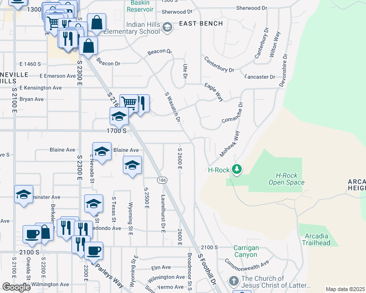 map of restaurants, bars, coffee shops, grocery stores, and more near 1745 South 26th East in Salt Lake City