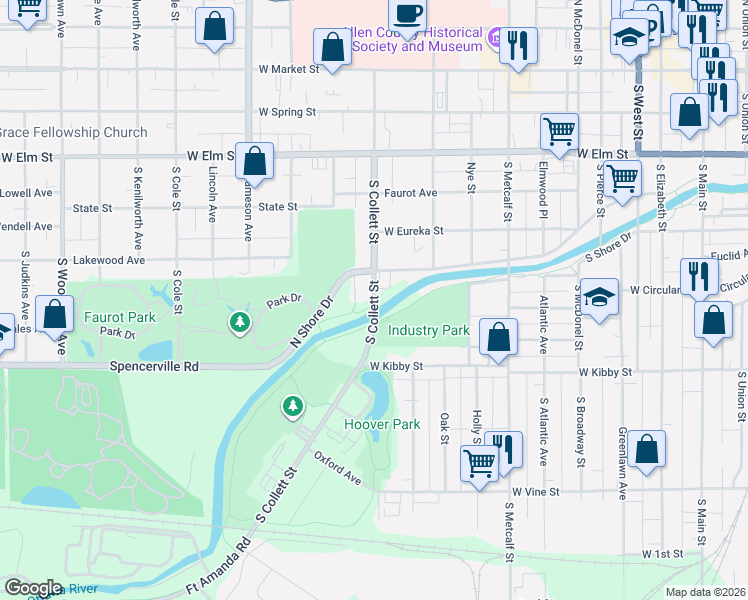 map of restaurants, bars, coffee shops, grocery stores, and more near South Collett Street in Lima