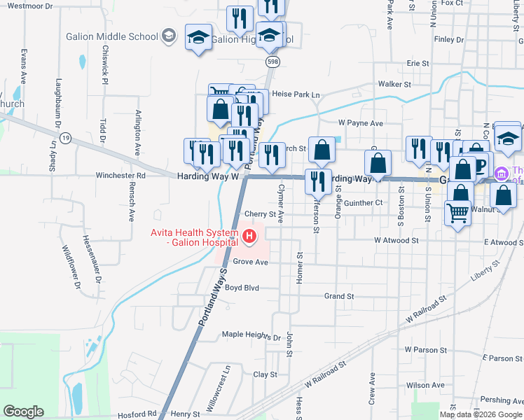 map of restaurants, bars, coffee shops, grocery stores, and more near 726 Cherry Street in Galion