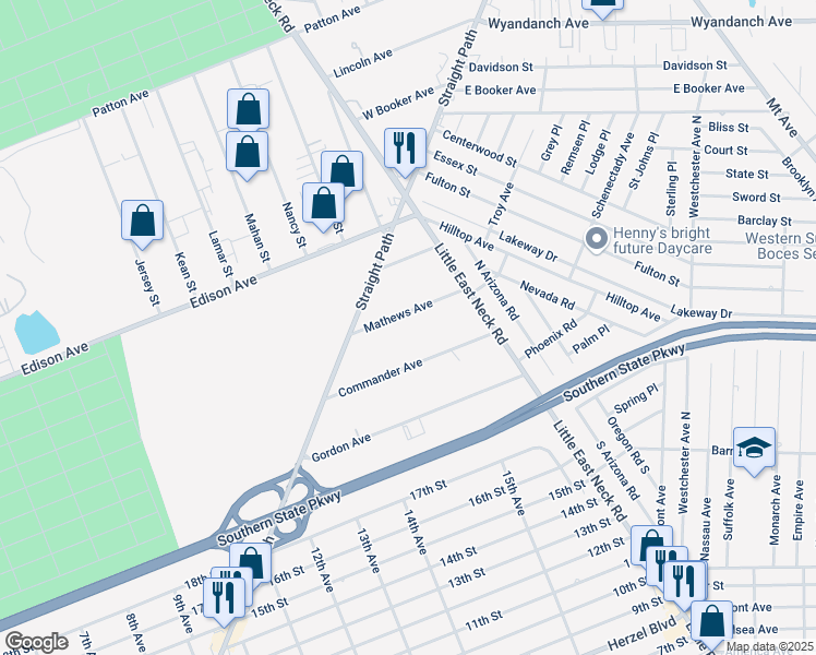 map of restaurants, bars, coffee shops, grocery stores, and more near 36 Matthews Avenue in West Babylon