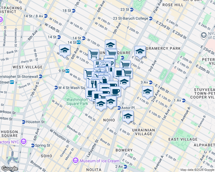 map of restaurants, bars, coffee shops, grocery stores, and more near 28 East 10th Street in New York