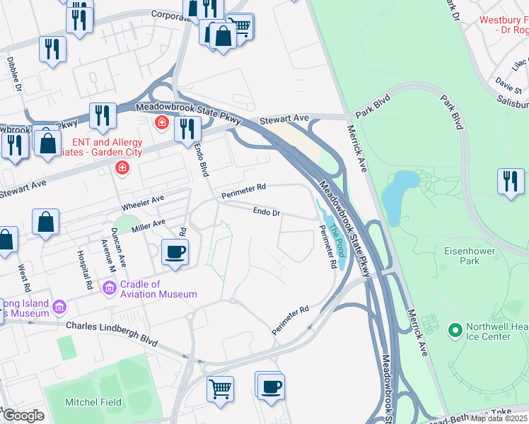 map of restaurants, bars, coffee shops, grocery stores, and more near Endo Drive in Uniondale