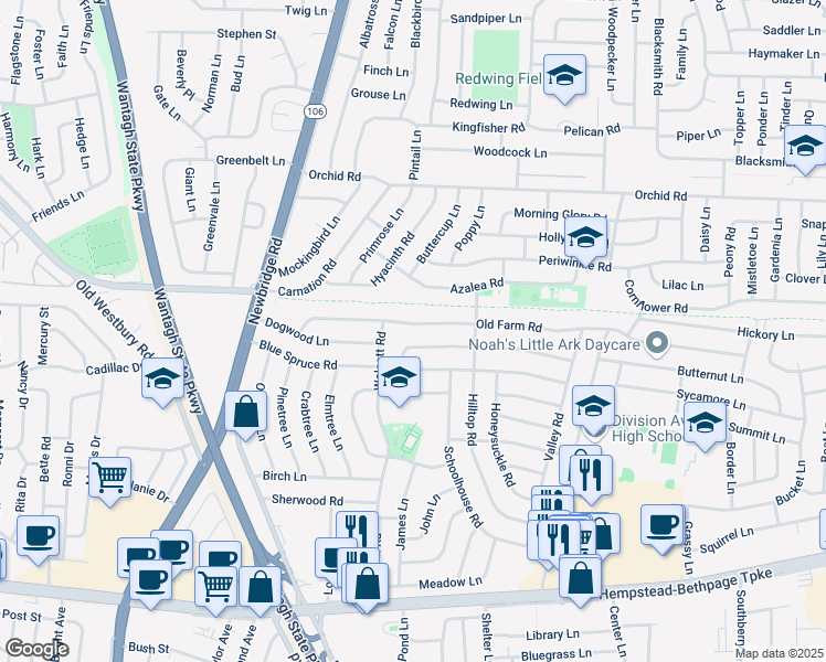 map of restaurants, bars, coffee shops, grocery stores, and more near 66 Old Farm Road in Levittown