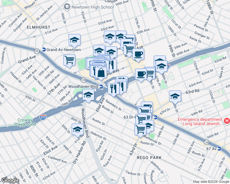 map of restaurants, bars, coffee shops, grocery stores, and more near 9229 Queens Boulevard in Queens