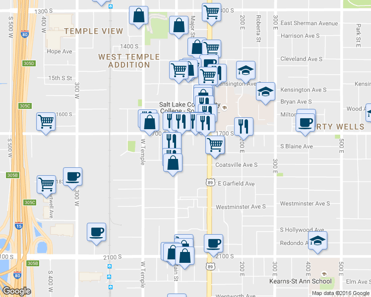 map of restaurants, bars, coffee shops, grocery stores, and more near 1735 South Main Street in Salt Lake City
