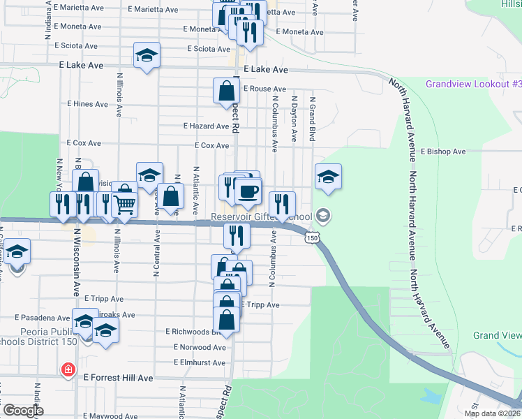 map of restaurants, bars, coffee shops, grocery stores, and more near 3716 North Ashton Avenue in Peoria