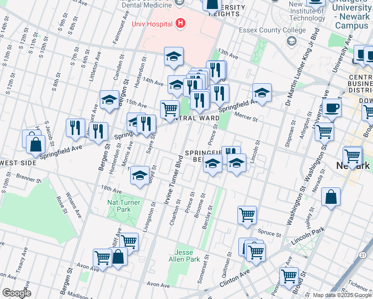 map of restaurants, bars, coffee shops, grocery stores, and more near 65b Irvine Turner Boulevard in Newark