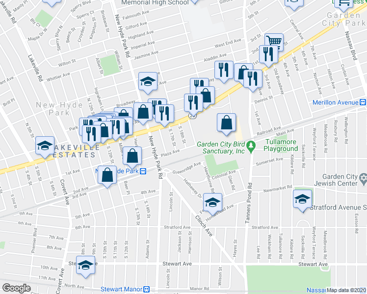 map of restaurants, bars, coffee shops, grocery stores, and more near 45 South 18th Street in New Hyde Park