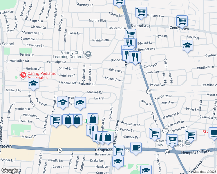map of restaurants, bars, coffee shops, grocery stores, and more near 66 Universe Drive in Levittown