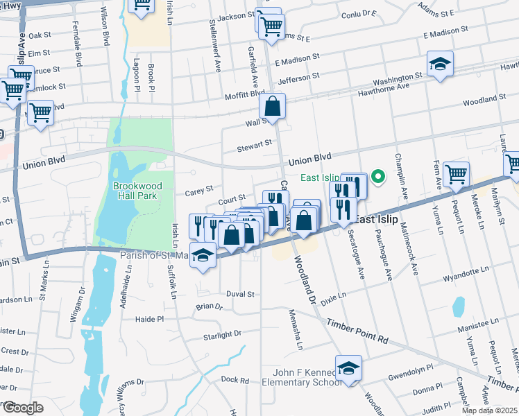 map of restaurants, bars, coffee shops, grocery stores, and more near 23 1st Avenue in East Islip