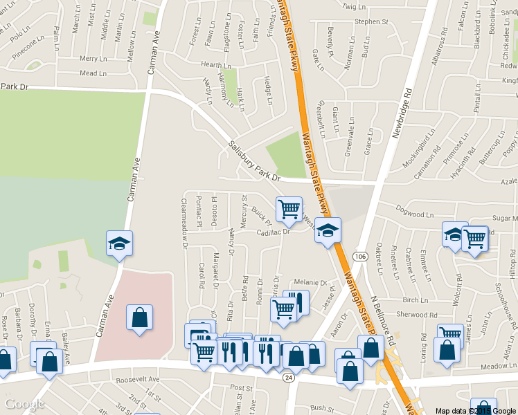 map of restaurants, bars, coffee shops, grocery stores, and more near 272 Buick Place in East Meadow