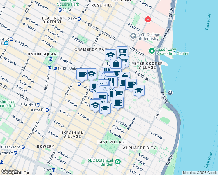 map of restaurants, bars, coffee shops, grocery stores, and more near 275 1st Avenue in New York