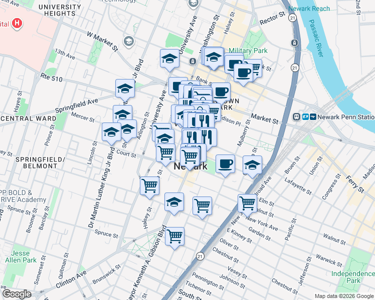 map of restaurants, bars, coffee shops, grocery stores, and more near 907-913 Broad Street in Newark