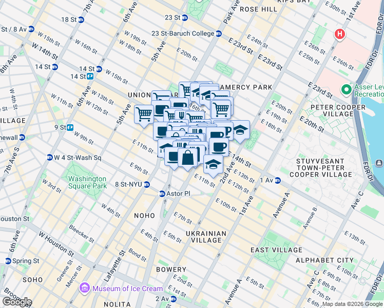map of restaurants, bars, coffee shops, grocery stores, and more near 125 East 12th Street in New York