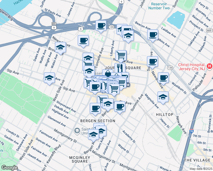 map of restaurants, bars, coffee shops, grocery stores, and more near 282 Magnolia Avenue in Jersey City