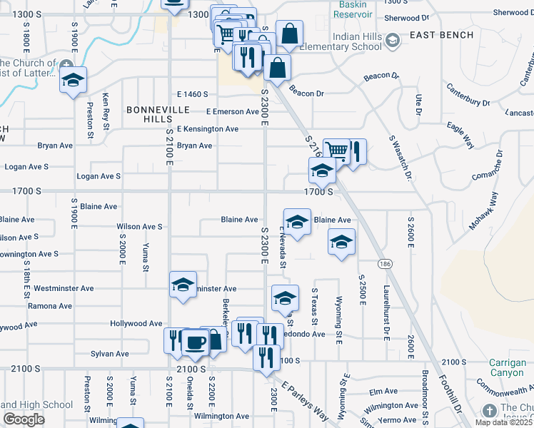 map of restaurants, bars, coffee shops, grocery stores, and more near 1739 South 2300 East in Salt Lake City
