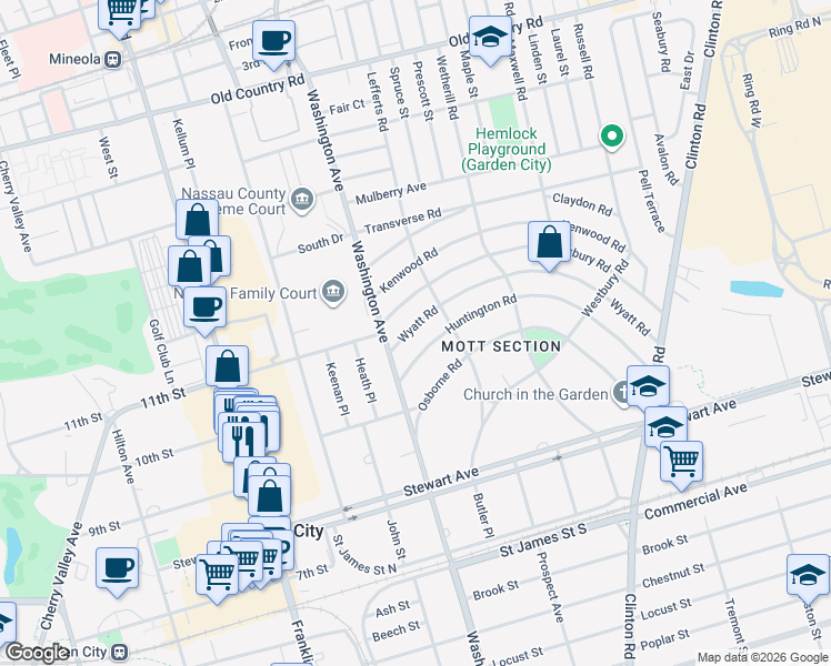 map of restaurants, bars, coffee shops, grocery stores, and more near 12 Wyatt Road in Garden City