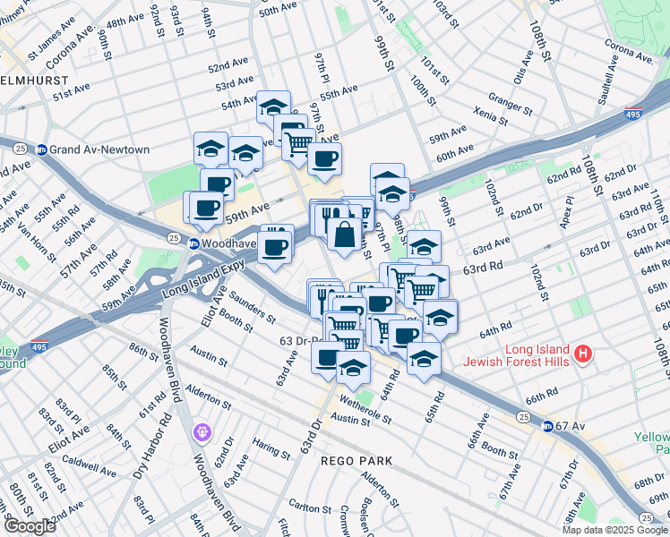 map of restaurants, bars, coffee shops, grocery stores, and more near 61-35 Junction Boulevard in Queens