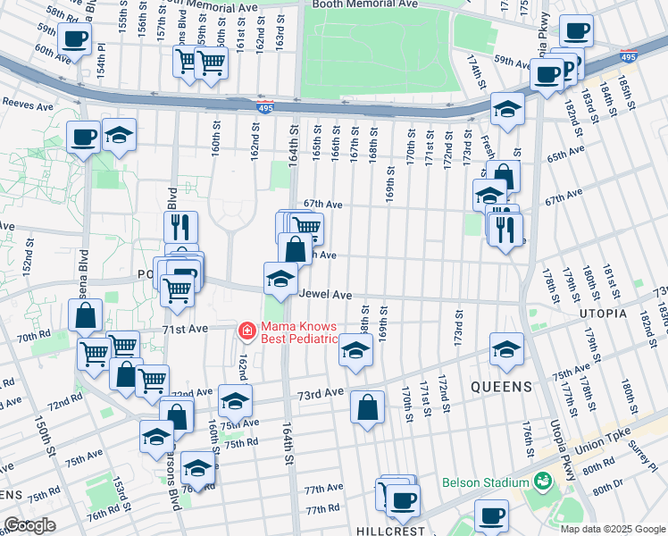 map of restaurants, bars, coffee shops, grocery stores, and more near 69-11 166th Street in Queens