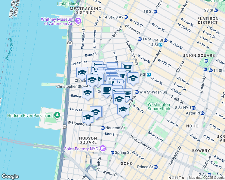 map of restaurants, bars, coffee shops, grocery stores, and more near 304 Bleecker Street in New York