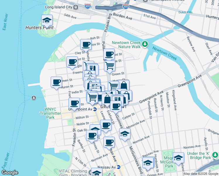 map of restaurants, bars, coffee shops, grocery stores, and more near McGuinness Blvd & India St in Brooklyn
