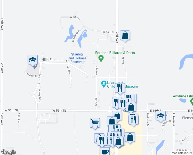 map of restaurants, bars, coffee shops, grocery stores, and more near 6114 4th Avenue in Kearney