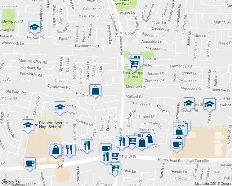 map of restaurants, bars, coffee shops, grocery stores, and more near 127 Hickory Lane in Levittown