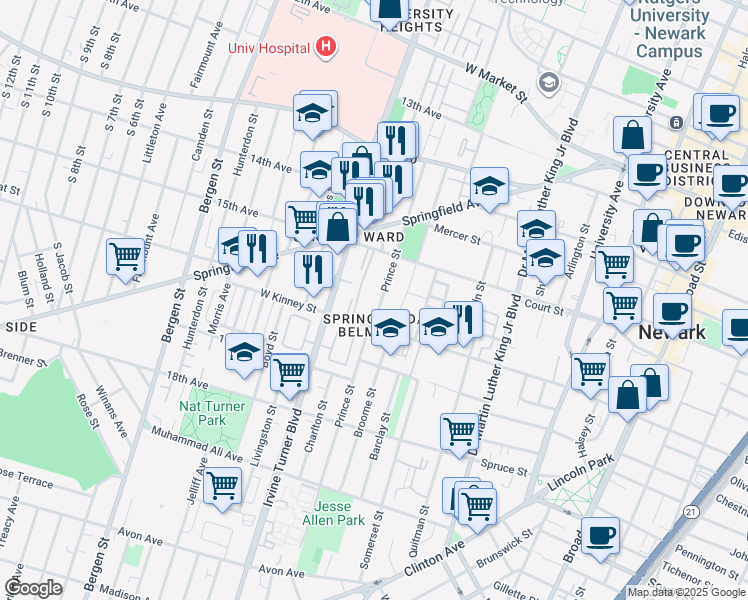 map of restaurants, bars, coffee shops, grocery stores, and more near 135 Prince Street in Newark