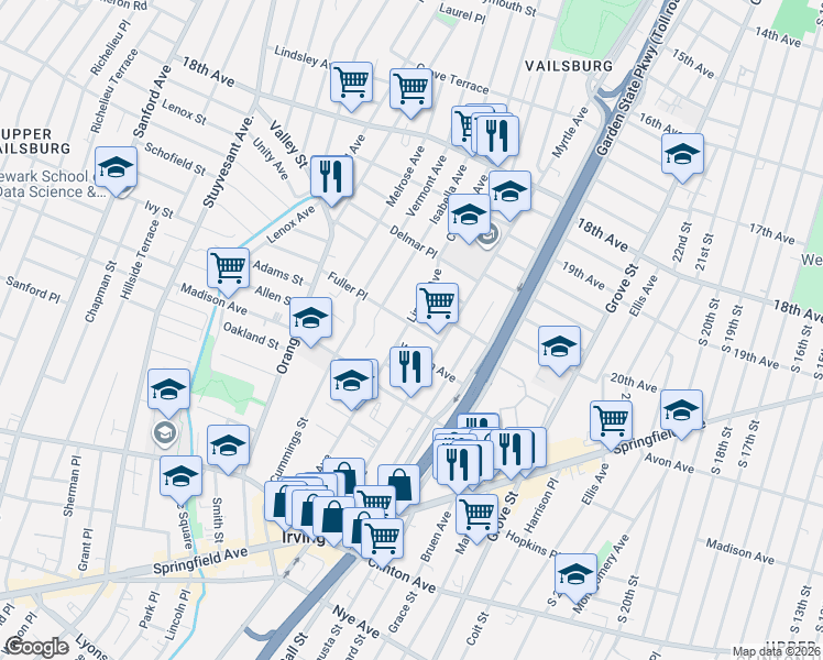 map of restaurants, bars, coffee shops, grocery stores, and more near 186 Linden Avenue in Irvington