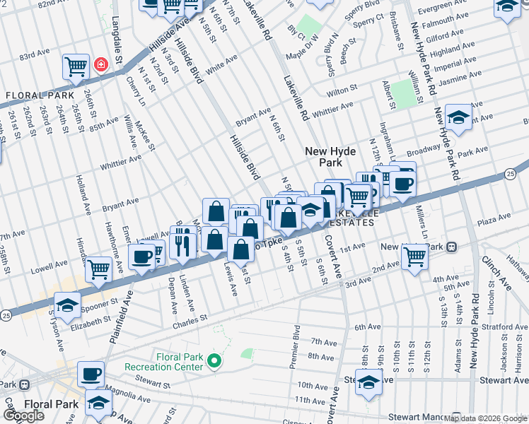 map of restaurants, bars, coffee shops, grocery stores, and more near 108 North 3rd Street in New Hyde Park
